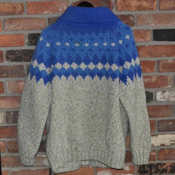 80s Blue & Grey Gray 100% WOOL KNIT Zip-Up Heavy Cardigan Sweater Apres Ski L - Picture 4 of 5